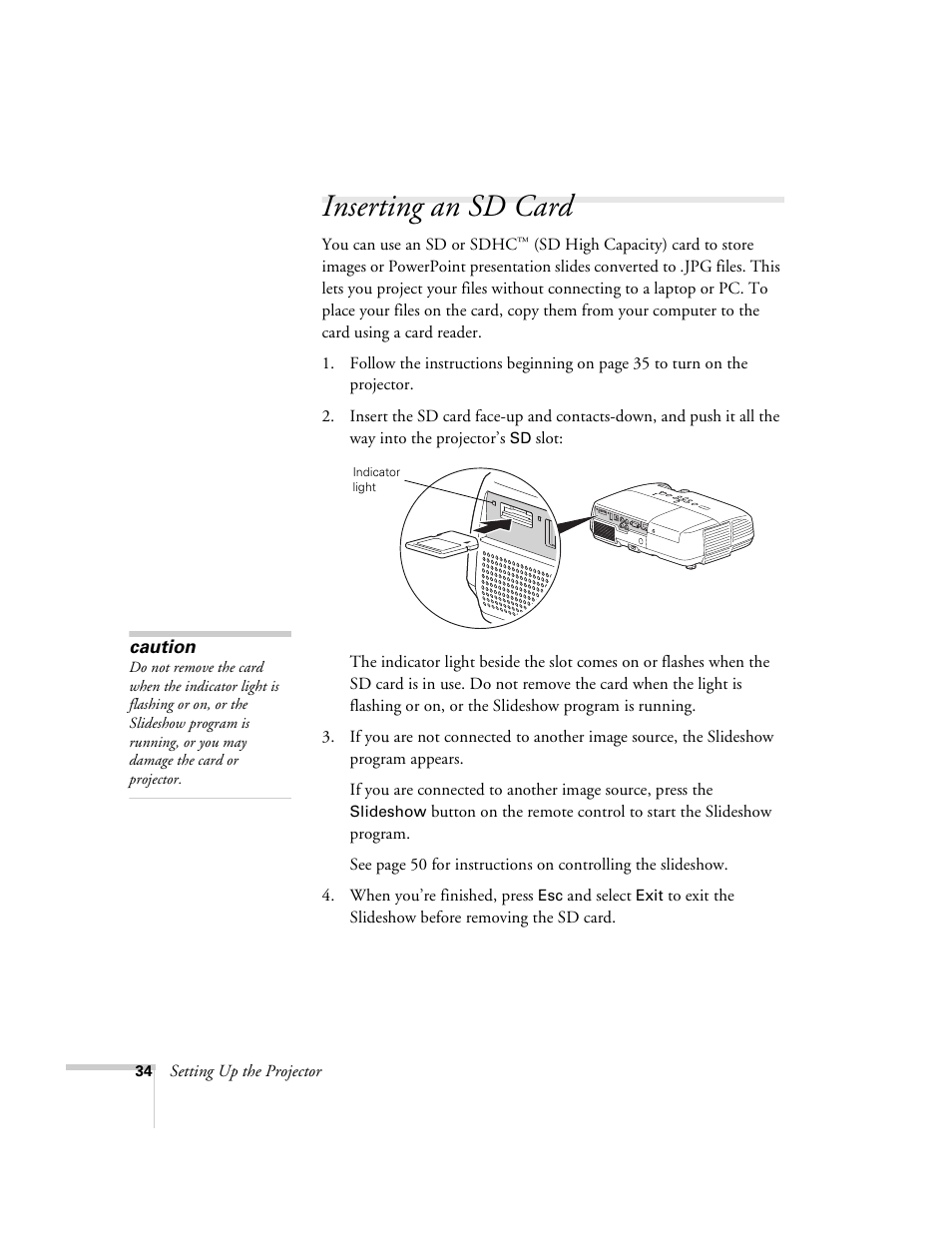 Inserting an sd card | Univex PowerLite 700 User Manual | Page 34 / 110