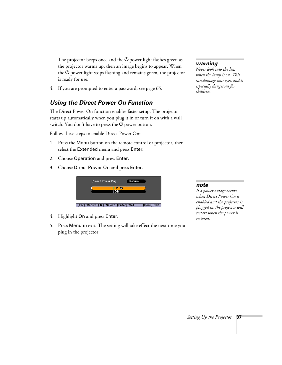 Using the direct power on function | Univex PowerLite 700 User Manual | Page 37 / 110