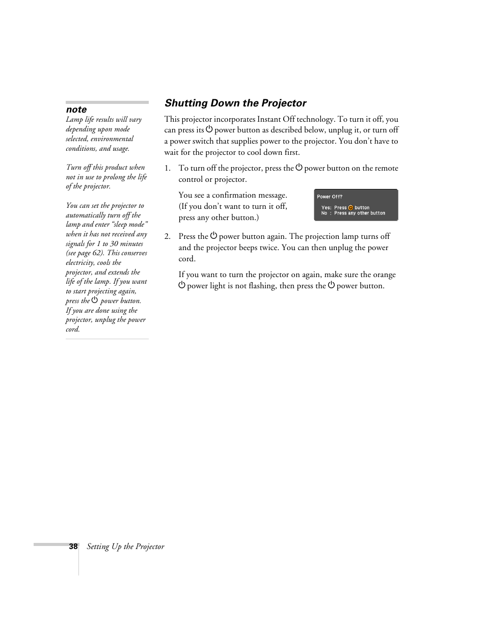 Shutting down the projector | Univex PowerLite 700 User Manual | Page 38 / 110