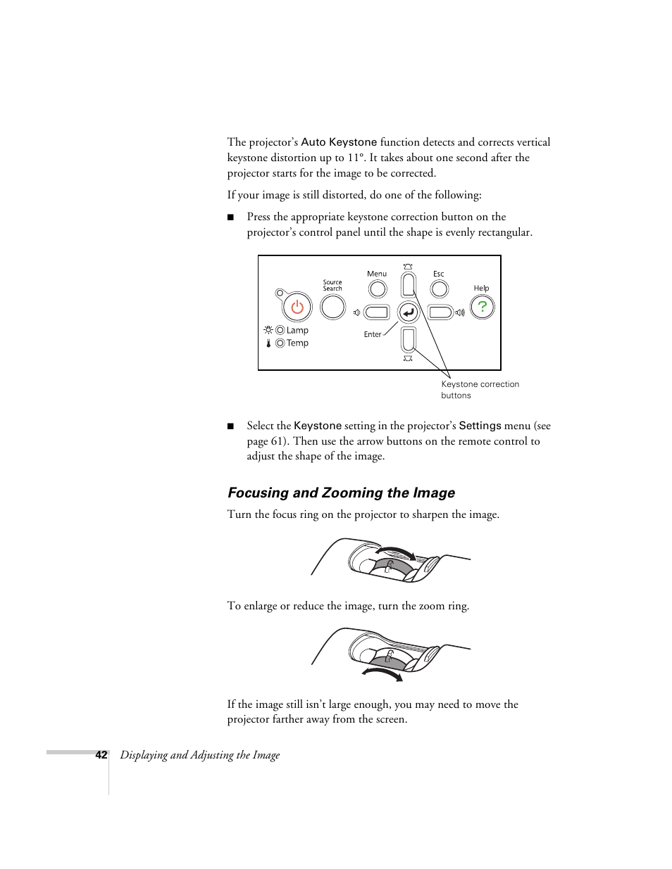 Focusing and zooming the image | Univex PowerLite 700 User Manual | Page 42 / 110