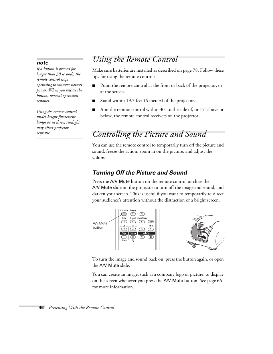 Using the remote control, Controlling the picture and sound, Turning off the picture and sound | Univex PowerLite 700 User Manual | Page 46 / 110