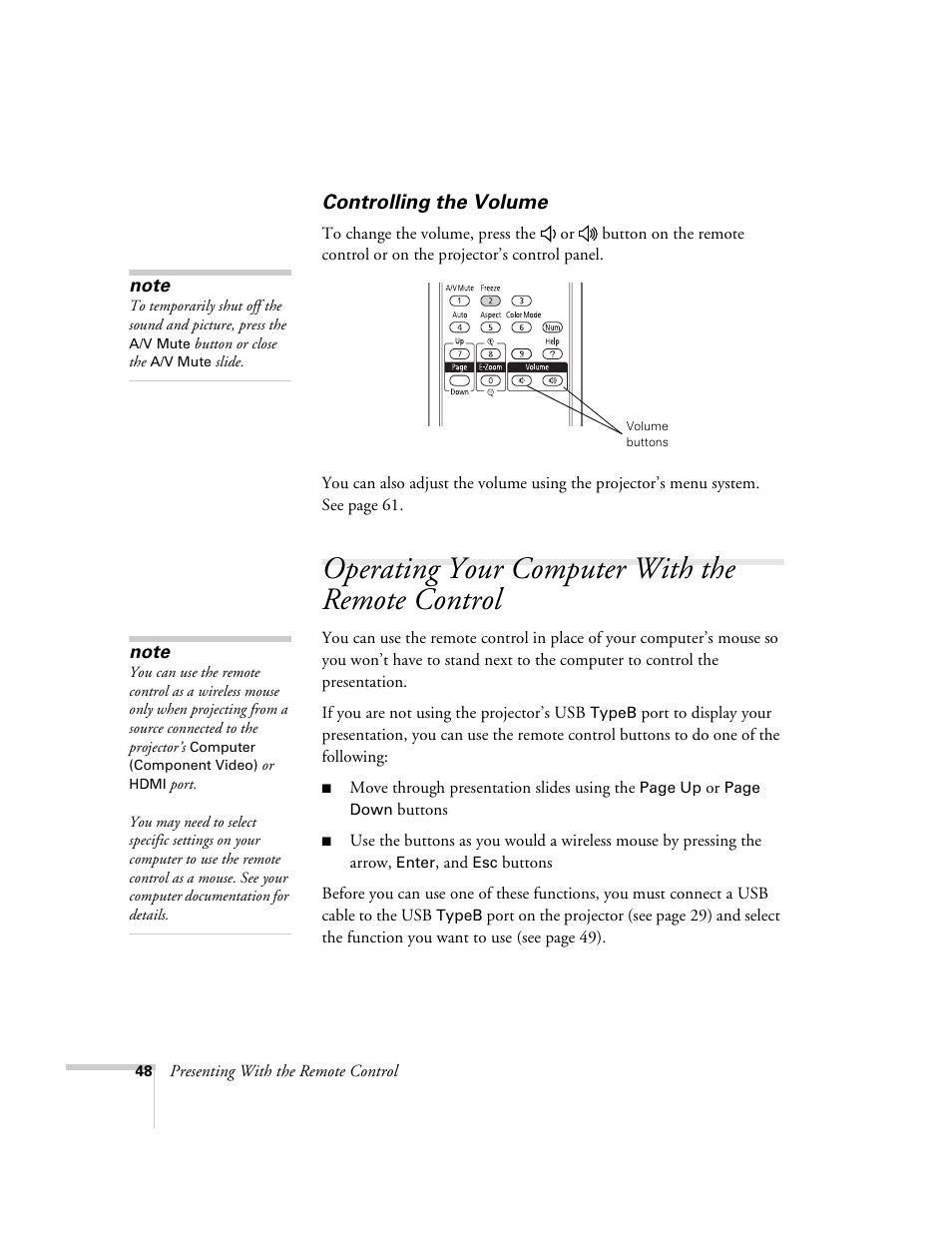 Controlling the volume, Operating your computer with the remote control | Univex PowerLite 700 User Manual | Page 48 / 110