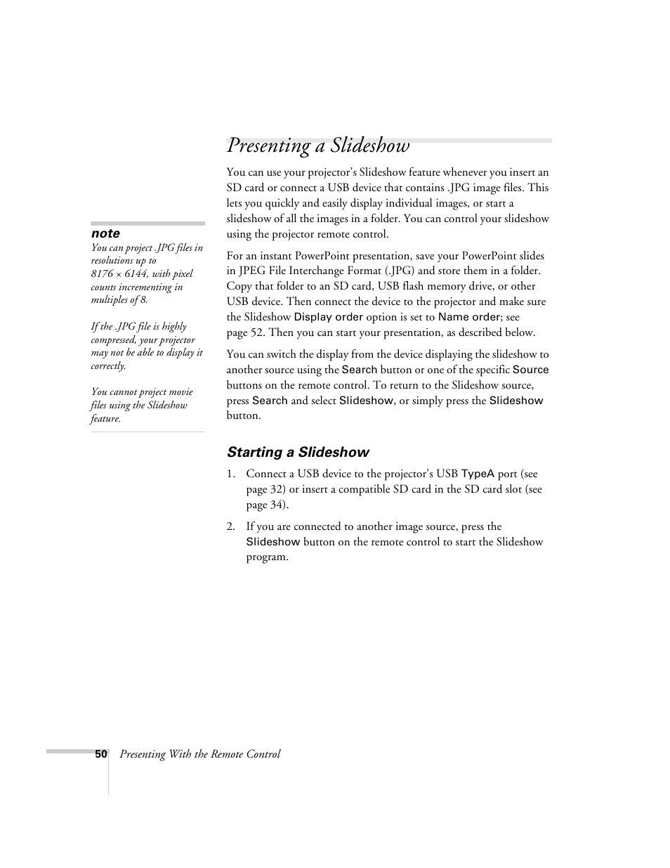 Presenting a slideshow, Starting a slideshow | Univex PowerLite 700 User Manual | Page 50 / 110