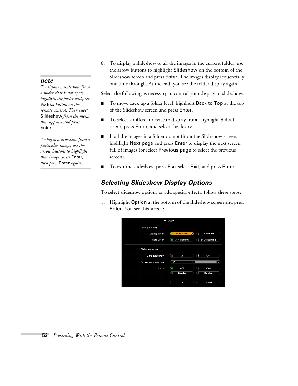 Selecting slideshow display options | Univex PowerLite 700 User Manual | Page 52 / 110