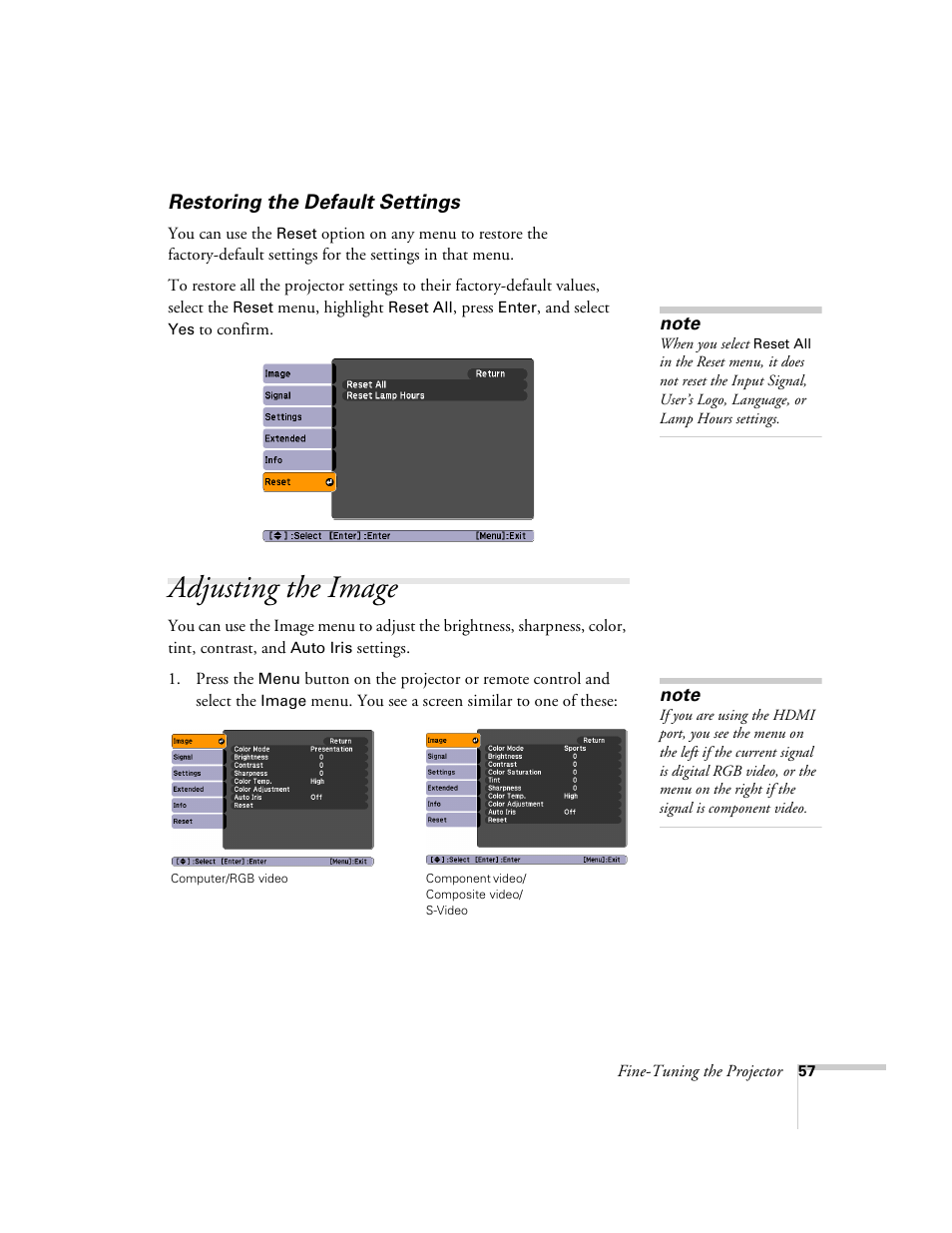 Restoring the default settings, Adjusting the image | Univex PowerLite 700 User Manual | Page 57 / 110