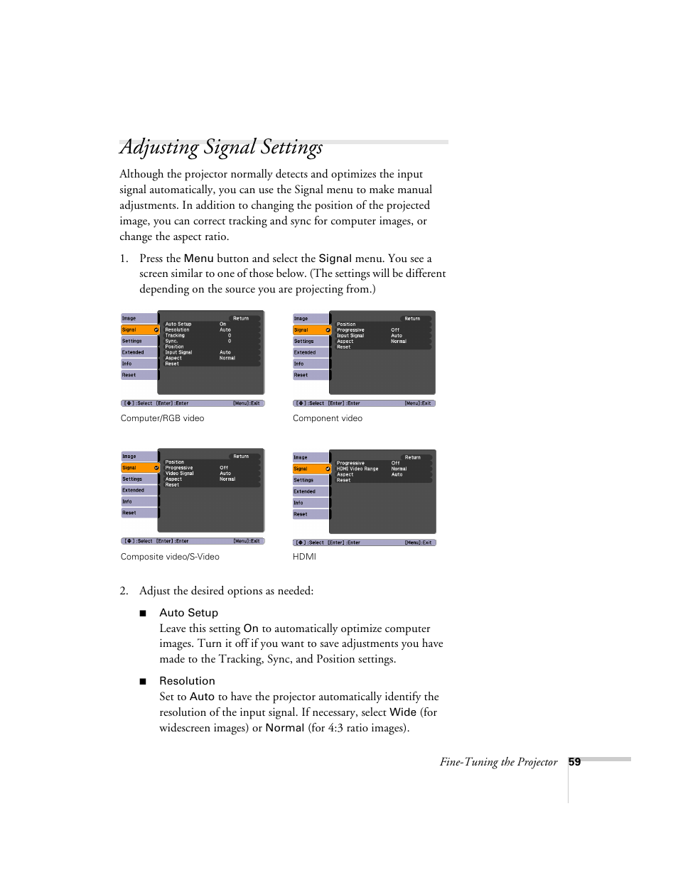 Adjusting signal settings | Univex PowerLite 700 User Manual | Page 59 / 110