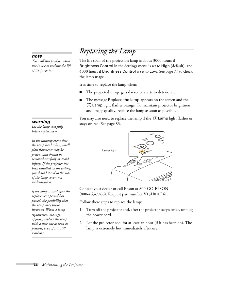 Replacing the lamp | Univex PowerLite 700 User Manual | Page 74 / 110