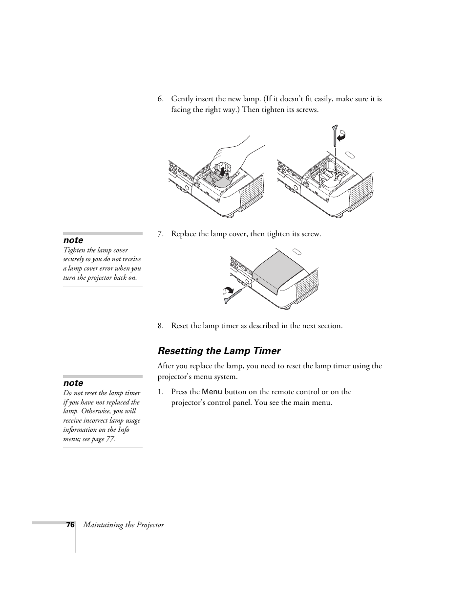 Resetting the lamp timer | Univex PowerLite 700 User Manual | Page 76 / 110