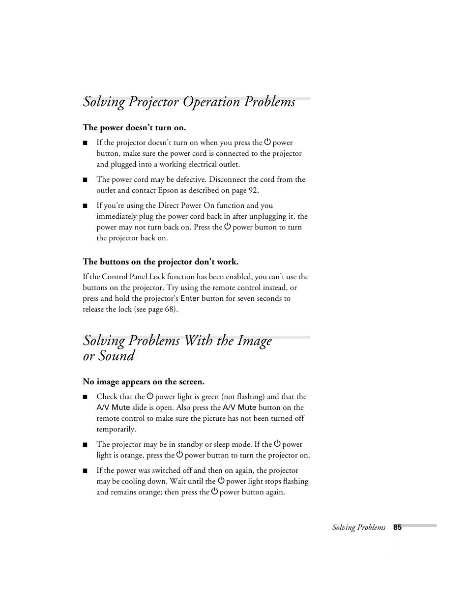 Solving projector operation problems, Solving problems with the image or sound | Univex PowerLite 700 User Manual | Page 85 / 110