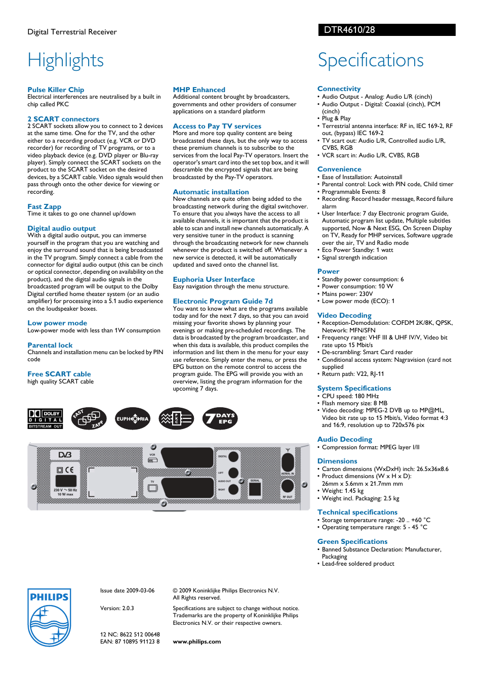 Highlights, Specifications | Univex DTR4610 User Manual | Page 2 / 2