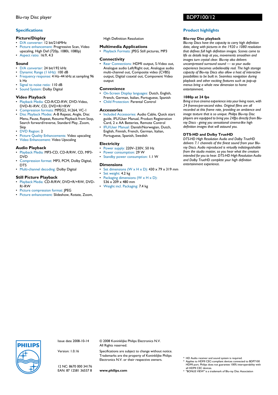 Univex BDP7100 User Manual | Page 2 / 2