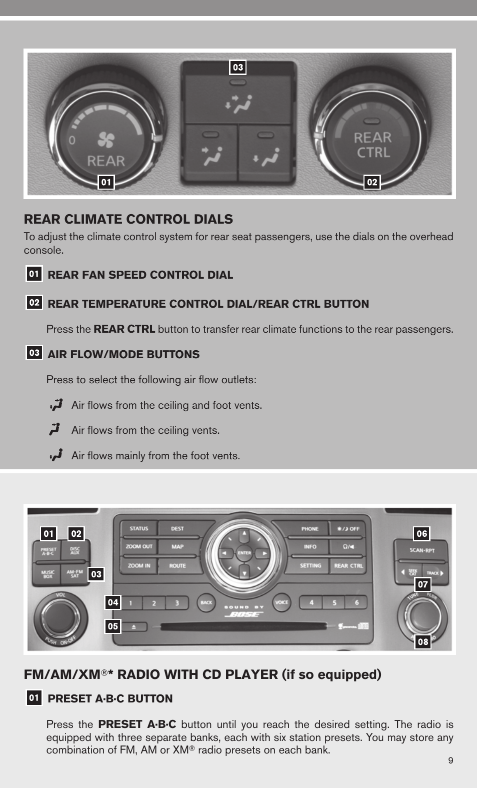 Rear climate control dials, Fm/am/xm ா * radio with cd player (if so equipped) | Univex 2010 Armada User Manual | Page 11 / 52