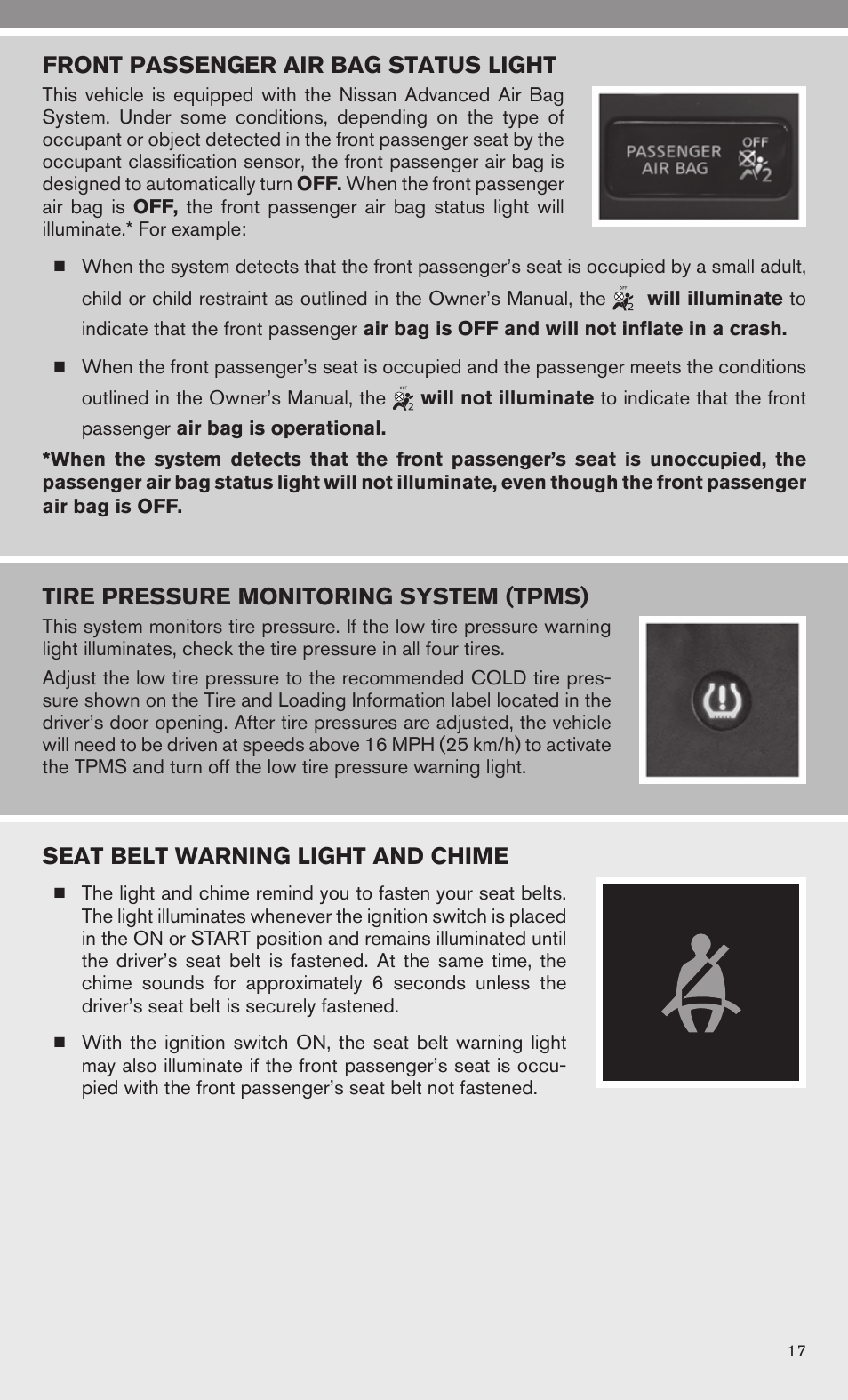 Front passenger air bag status light, Tire pressure monitoring system (tpms), Seat belt warning light and chime | Univex 2010 Armada User Manual | Page 19 / 52