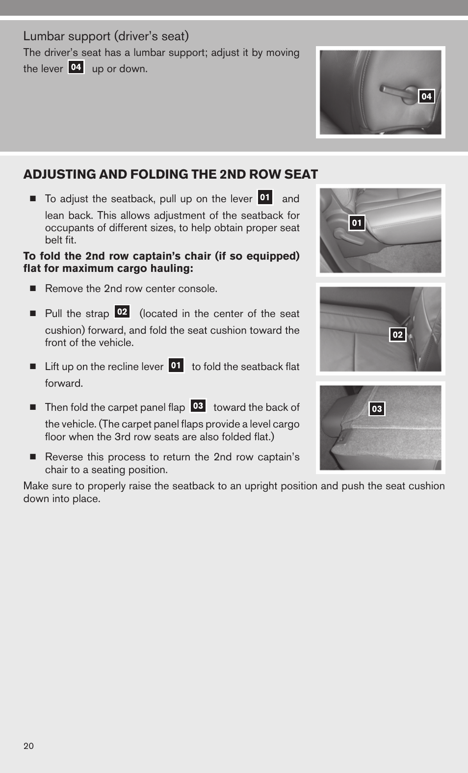 Lumbar support (driver’s seat), Adjusting and folding the 2nd row seat | Univex 2010 Armada User Manual | Page 22 / 52