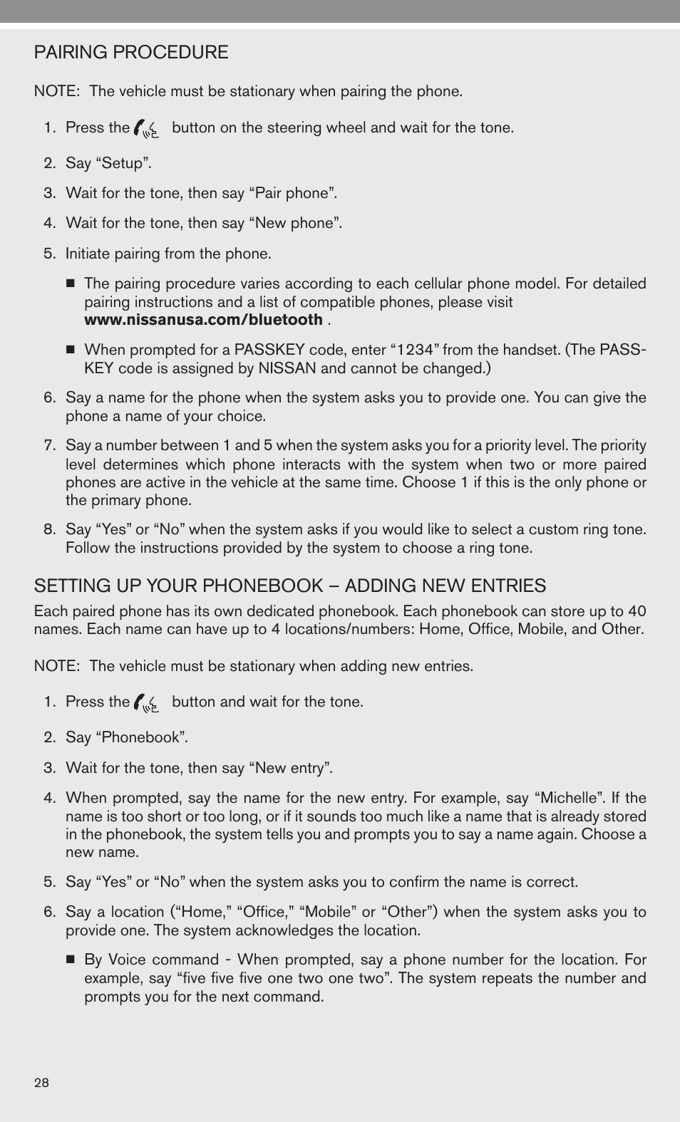 Pairing procedure, Setting up your phonebook – adding new entries | Univex 2010 Armada User Manual | Page 30 / 52