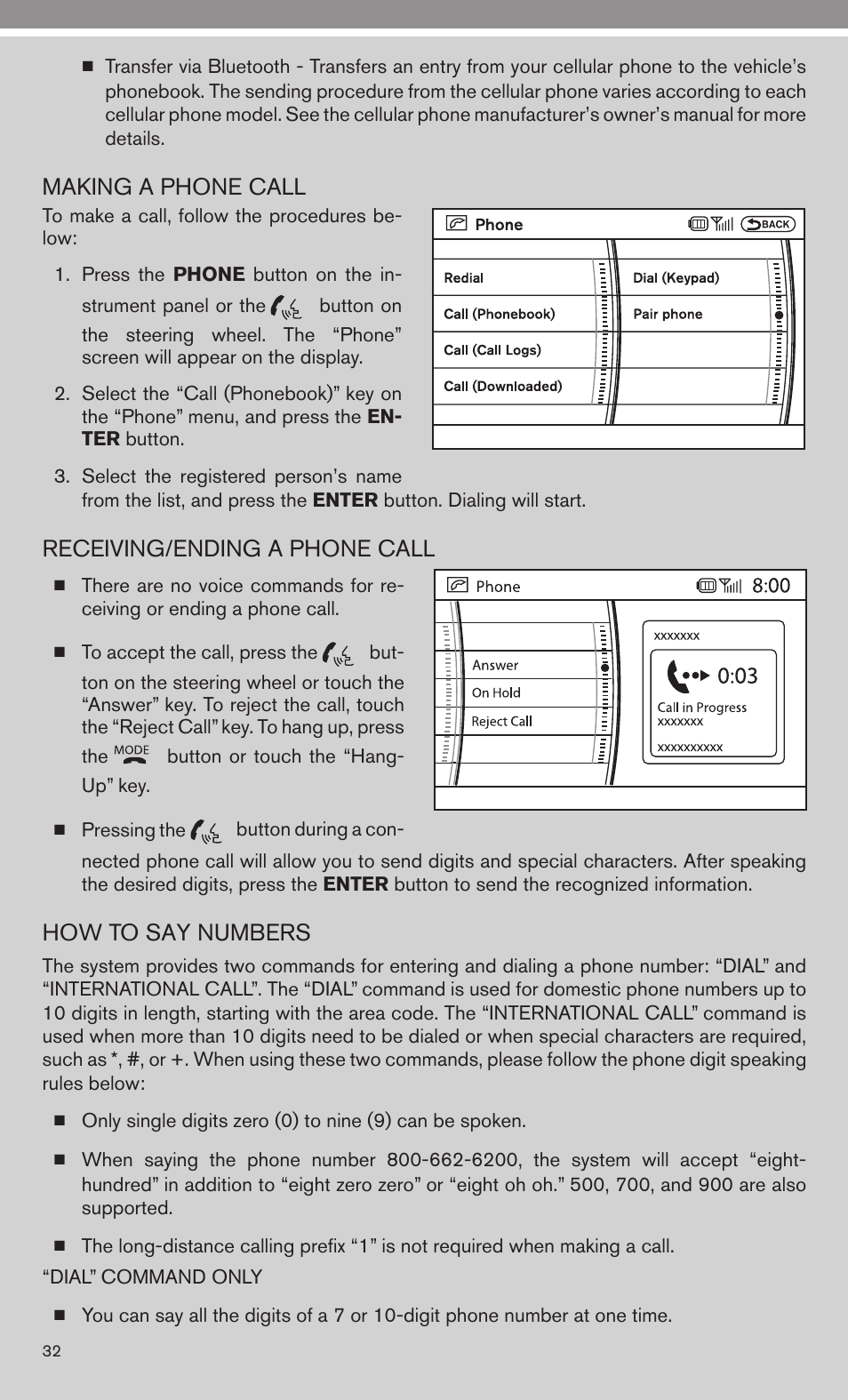 Making a phone call, Receiving/ending a phone call, How to say numbers | Univex 2010 Armada User Manual | Page 34 / 52
