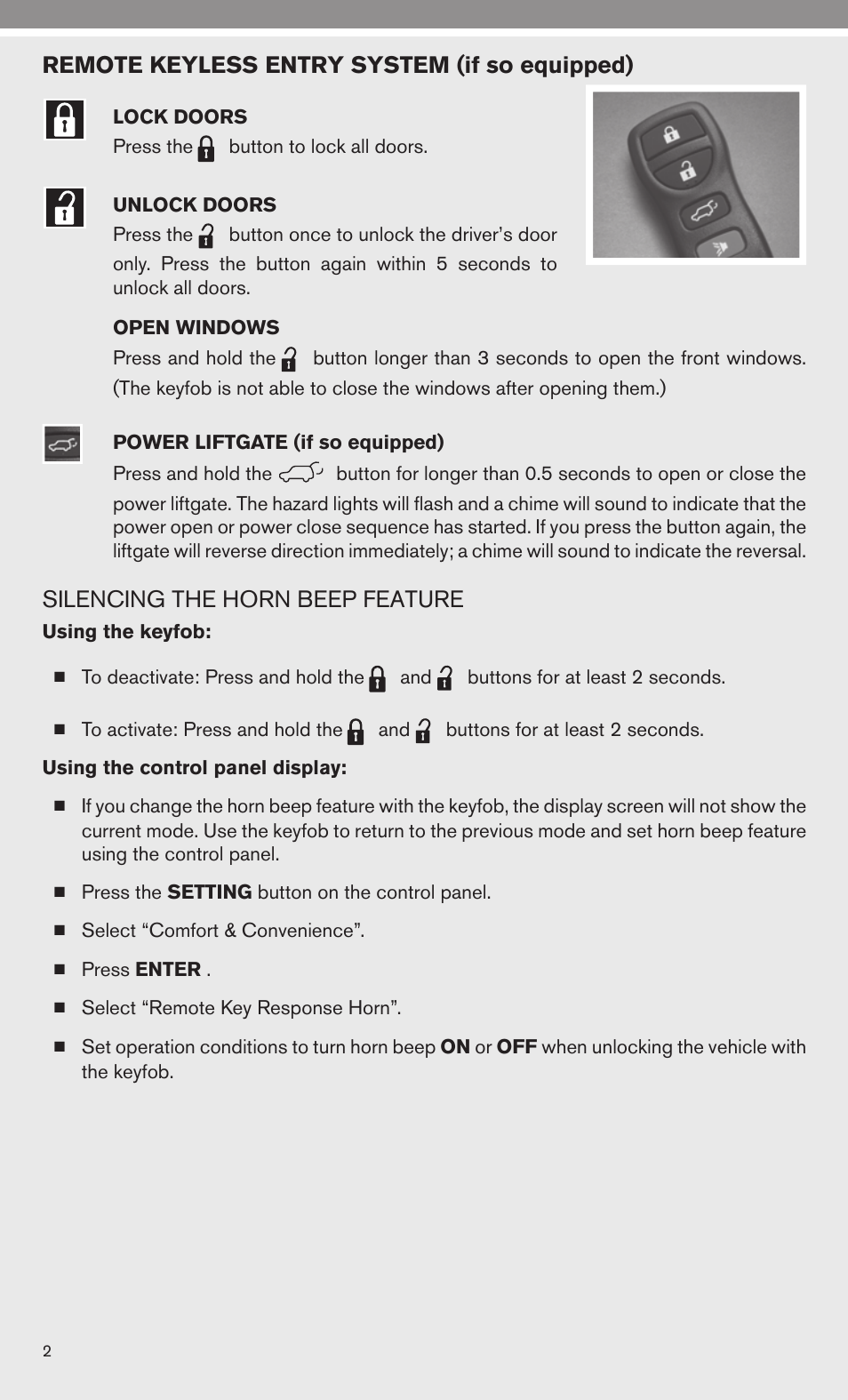 Remote keyless entry system (if so equipped), Silencing the horn beep feature | Univex 2010 Armada User Manual | Page 4 / 52