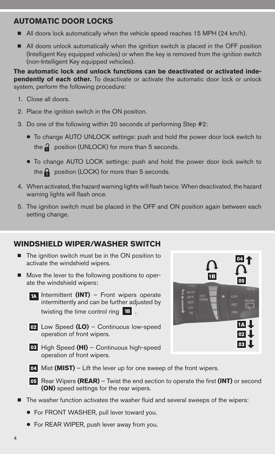 Automatic door locks, Windshield wiper/washer switch | Univex 2010 Armada User Manual | Page 6 / 52