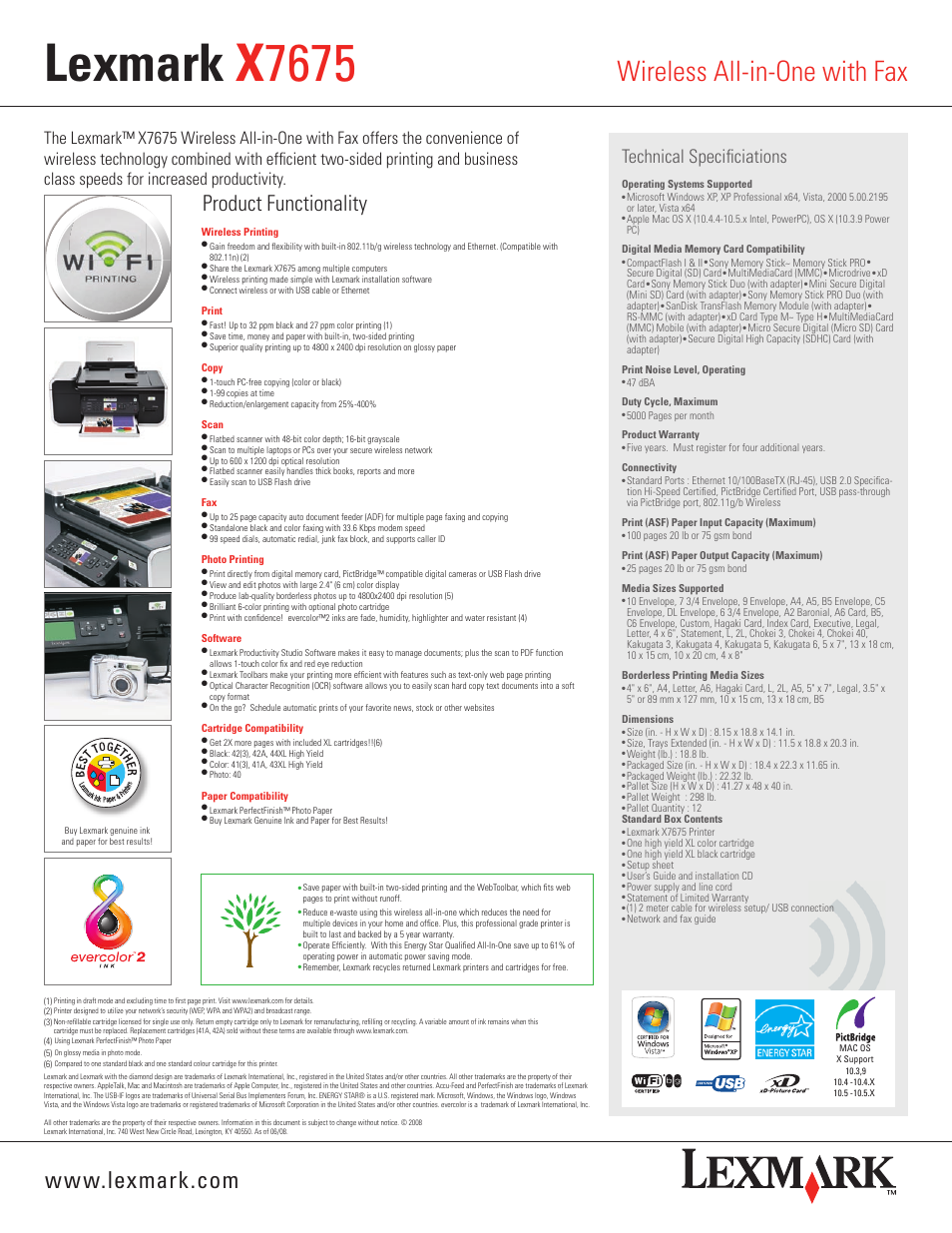 Lexmark x 7675, Wireless all-in-one with fax, Product functionality | Technical specificiations | Univex Professional Wireless 4-in-1 X7675 User Manual | Page 2 / 2