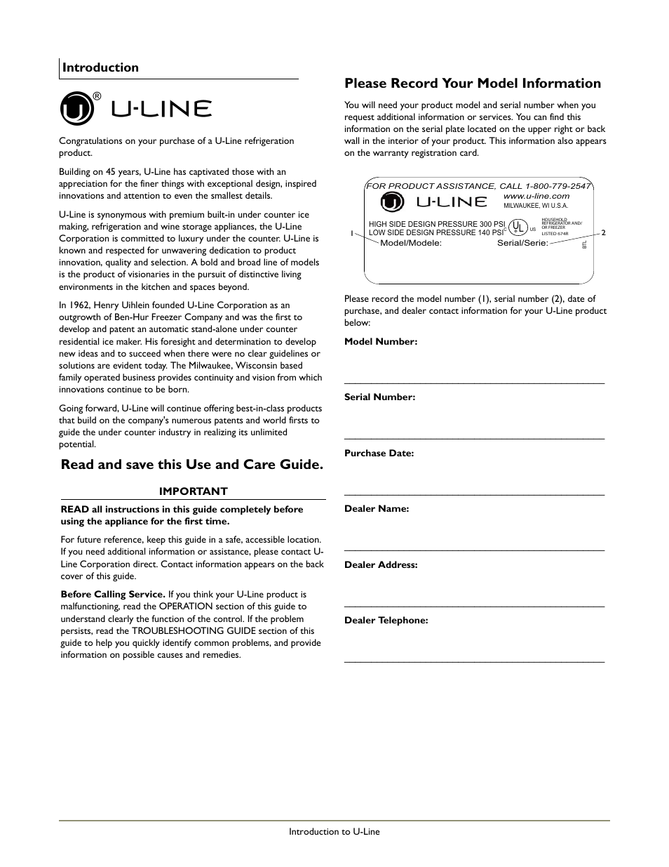 Read and save this use and care guide, Please record your model information, Introduction | U-Line 2115RS User Manual | Page 2 / 24