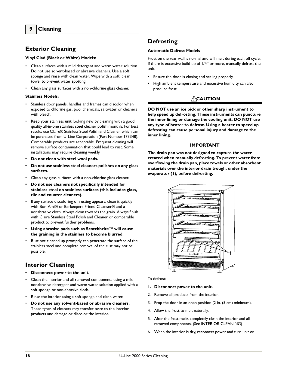 Exterior cleaning, Interior cleaning, Defrosting | 9 cleaning | U-Line 2115RS User Manual | Page 20 / 24