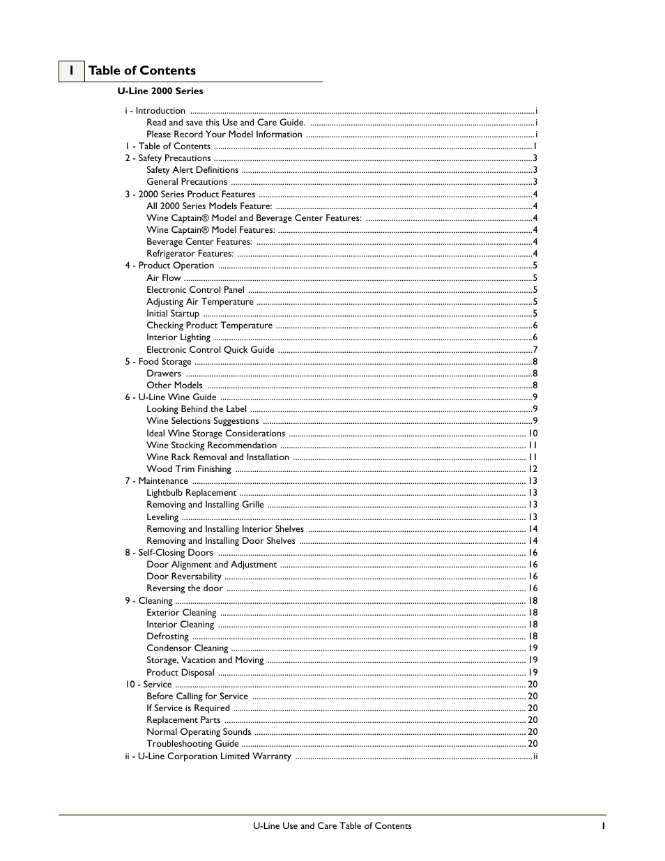 1 table of contents | U-Line 2115RS User Manual | Page 3 / 24