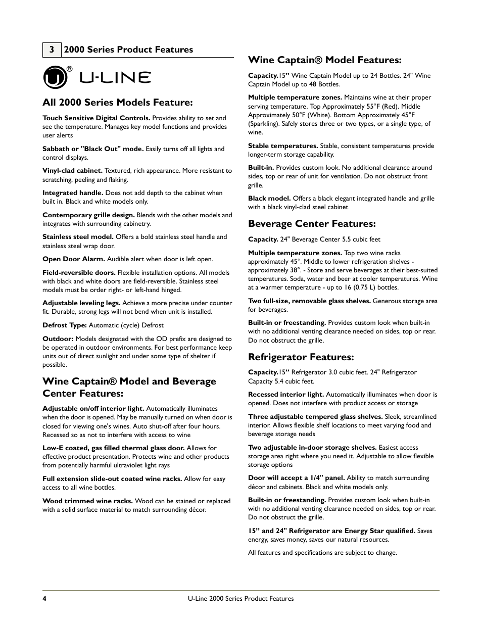 All 2000 series models feature, Wine captain® model and beverage center features, Wine captain® model features | Beverage center features, Refrigerator features | U-Line 2115RS User Manual | Page 6 / 24