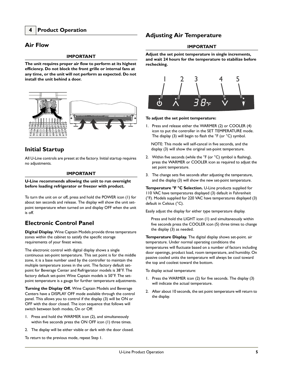 Air flow, Electronic control panel, Adjusting air temperature | Initial startup | U-Line 2115RS User Manual | Page 7 / 24