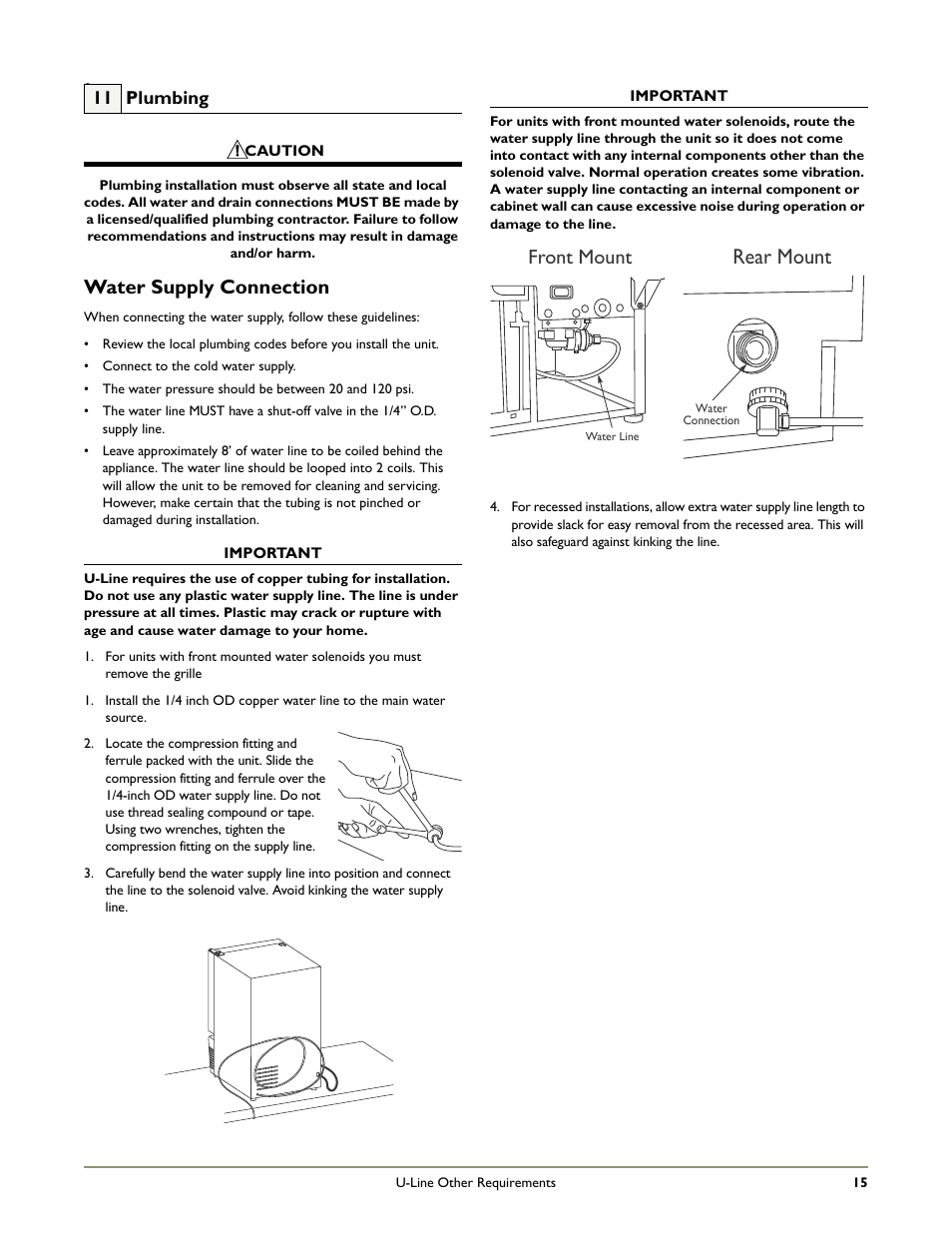 Rear mount, Water supply connection, Front mount | U-Line BI95 User Manual | Page 16 / 19