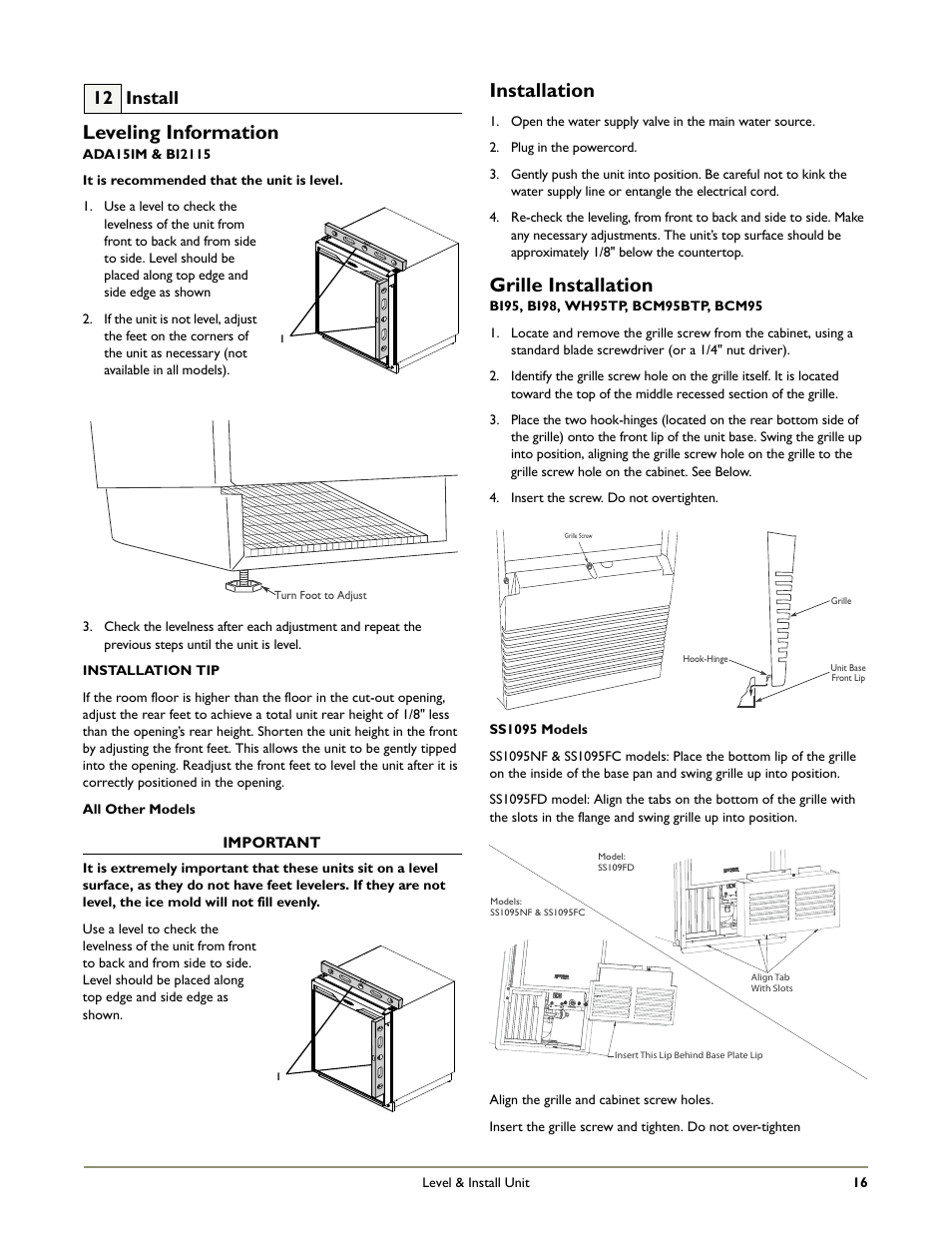 Leveling information, Installation, Grille installation | 12 install | U-Line BI95 User Manual | Page 17 / 19