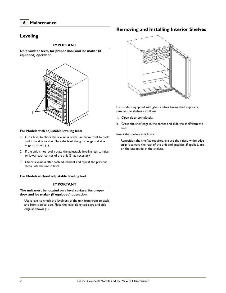 Leveling, Removing and installing interior shelves | U-Line COMBO BI95 User Manual | Page 10 / 20