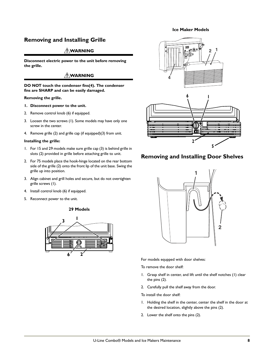 Removing and installing door shelves, Removing and installing grille | U-Line COMBO BI95 User Manual | Page 11 / 20