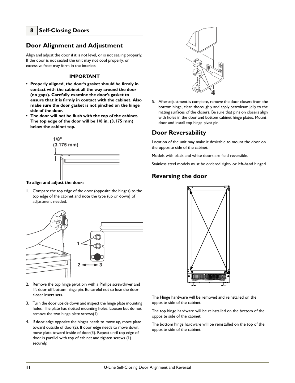 Door alignment and adjustment, Door reversability, Reversing the door | U-Line COMBO BI95 User Manual | Page 14 / 20