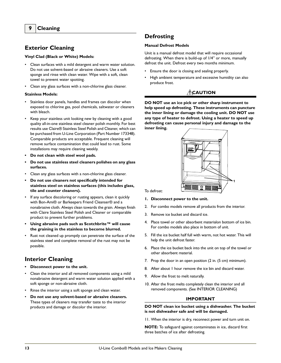 Exterior cleaning, Interior cleaning, Defrosting | 9 cleaning | U-Line COMBO BI95 User Manual | Page 16 / 20