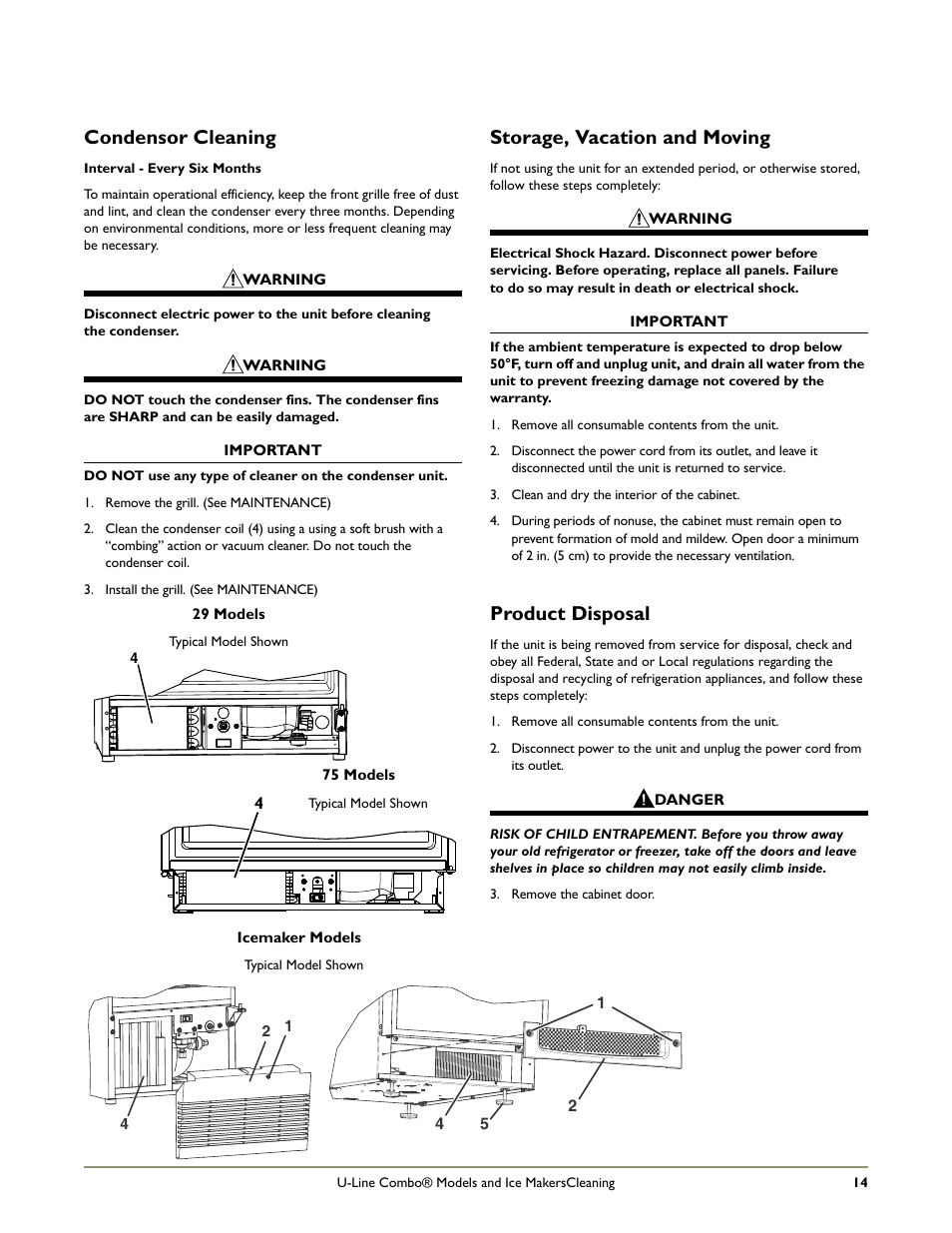 Condensor cleaning, Storage, vacation and moving, Product disposal | U-Line COMBO BI95 User Manual | Page 17 / 20