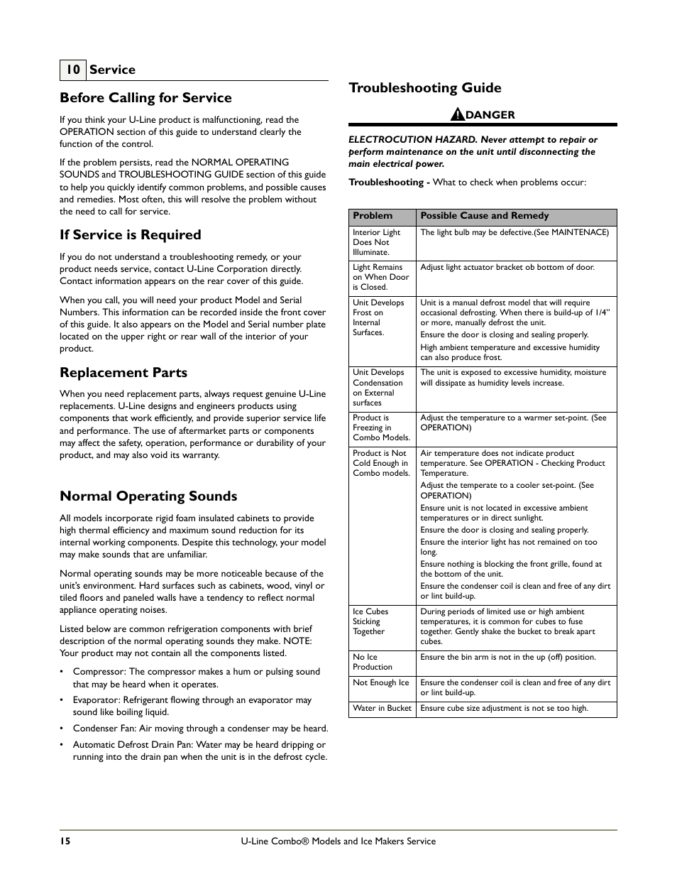 Normal operating sounds, Troubleshooting guide, Before calling for service | If service is required, Replacement parts, 10 service | U-Line COMBO BI95 User Manual | Page 18 / 20