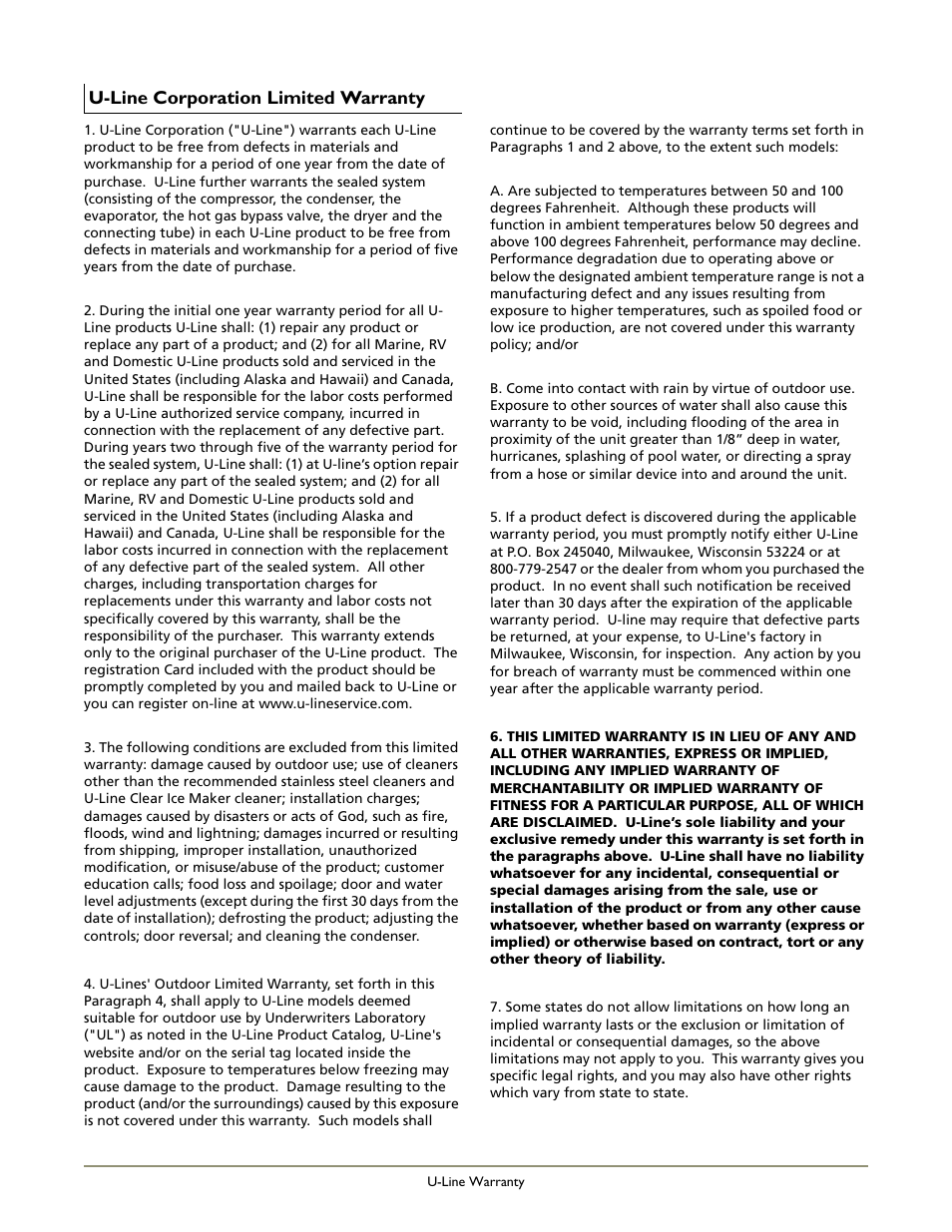 U-line corporation limited warranty | U-Line COMBO BI95 User Manual | Page 19 / 20