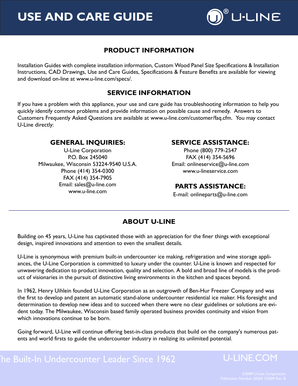 Use and care guide | U-Line COMBO BI95 User Manual | Page 20 / 20