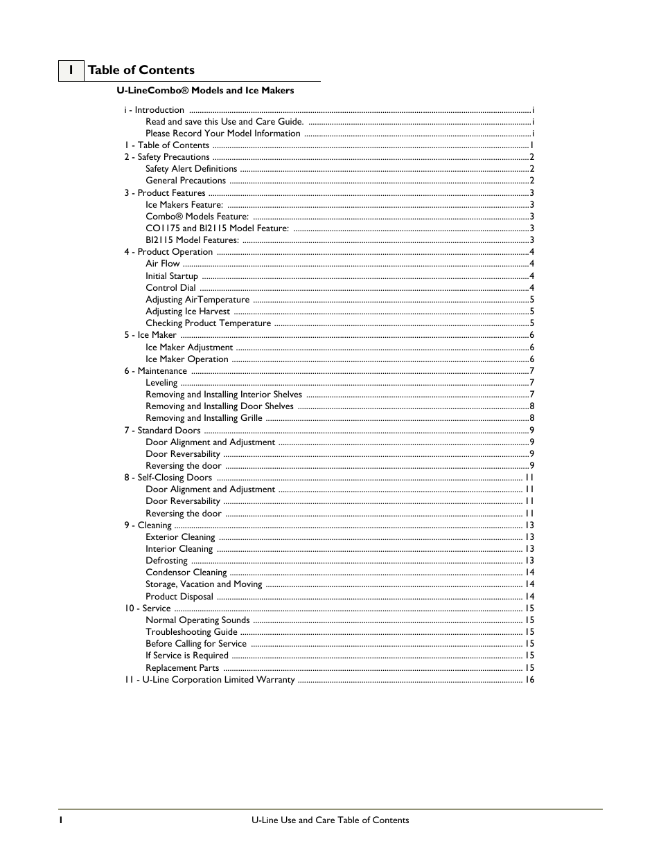 1 table of contents | U-Line COMBO BI95 User Manual | Page 4 / 20