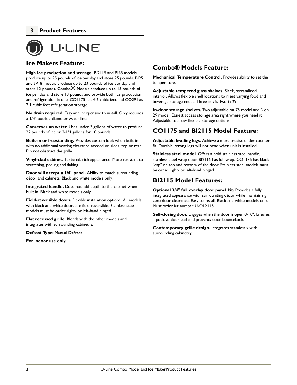 Ice makers feature, Combo® models feature, Bi2115 model features | U-Line COMBO BI95 User Manual | Page 6 / 20