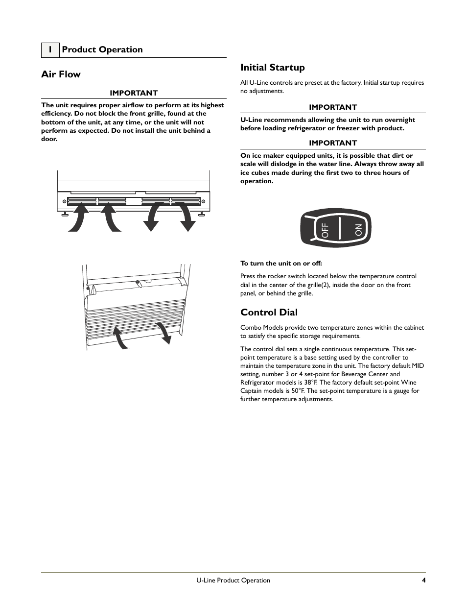 Air flow, Initial startup, Control dial | U-Line COMBO BI95 User Manual | Page 7 / 20