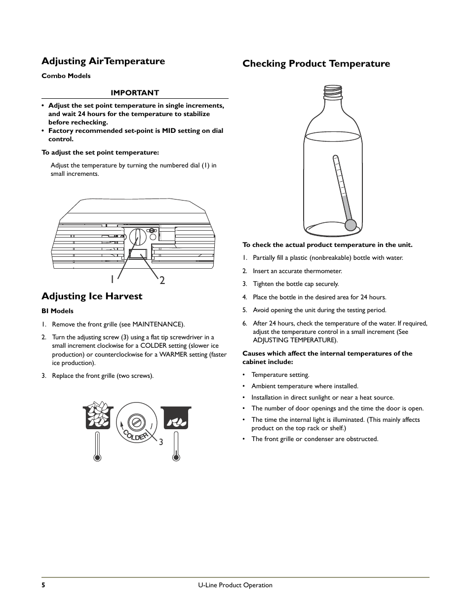 Adjusting airtemperature, Adjusting ice harvest, Checking product temperature | U-Line COMBO BI95 User Manual | Page 8 / 20