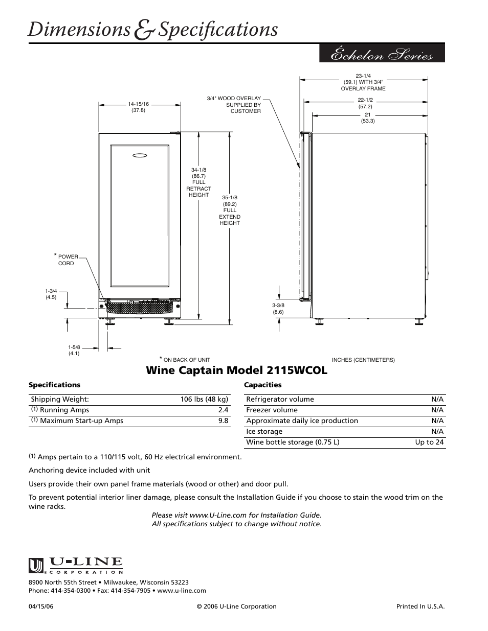 Dimensions, Specifications, Wine captain model 2115wcol | U-Line 2115WCOL User Manual | Page 2 / 2