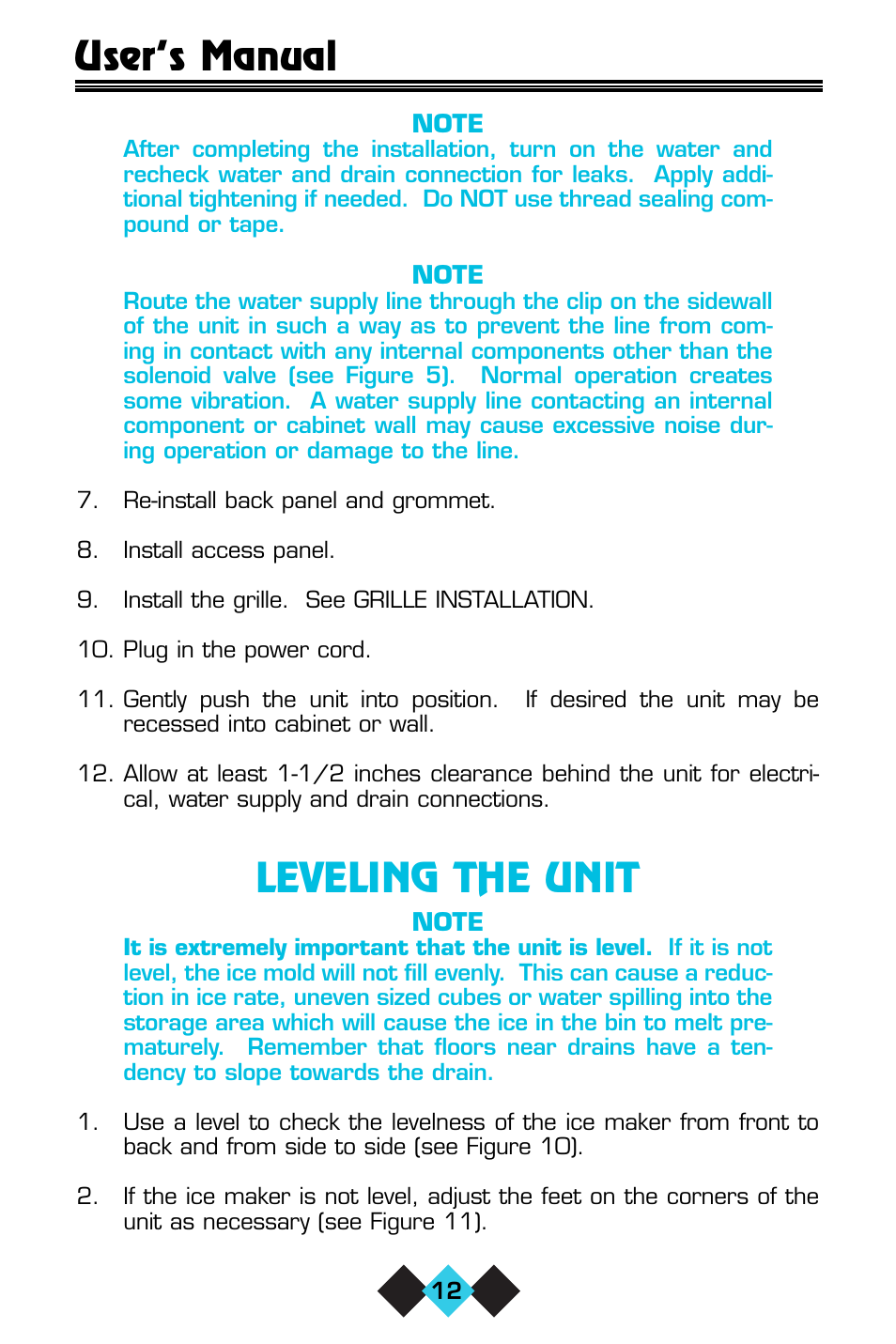 Leveling the unit, User’s manual | U-Line CLR60 User Manual | Page 14 / 36