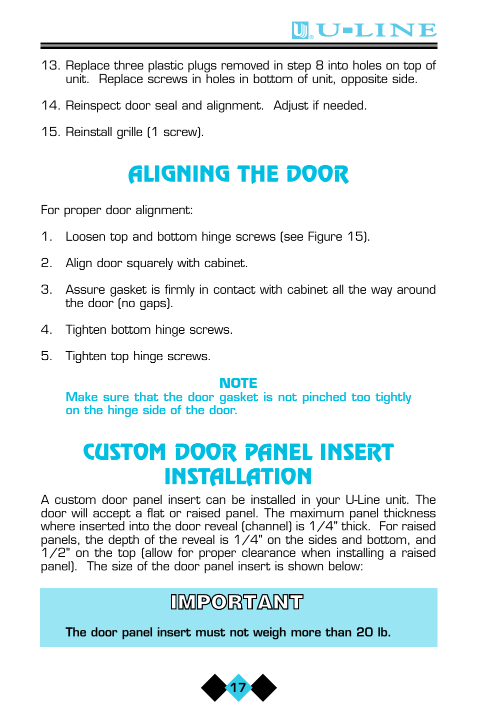 Aligning the door, Custom door panel insert installation | U-Line CLR60 User Manual | Page 19 / 36
