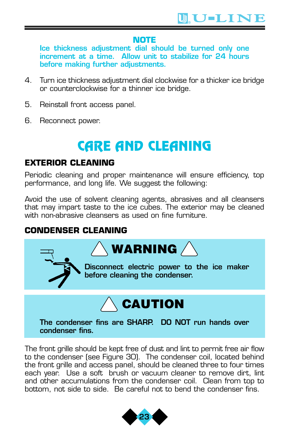 Care and cleaning, Caution, Warning | U-Line CLR60 User Manual | Page 25 / 36