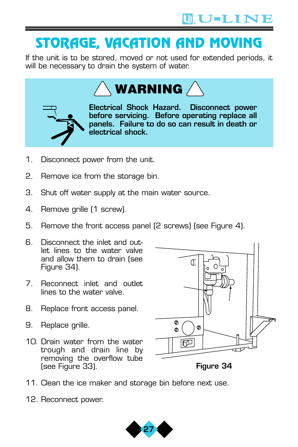 Storage, vacation and moving, Warning | U-Line CLR60 User Manual | Page 29 / 36