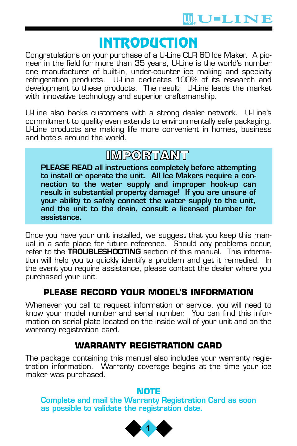 Introduction | U-Line CLR60 User Manual | Page 3 / 36