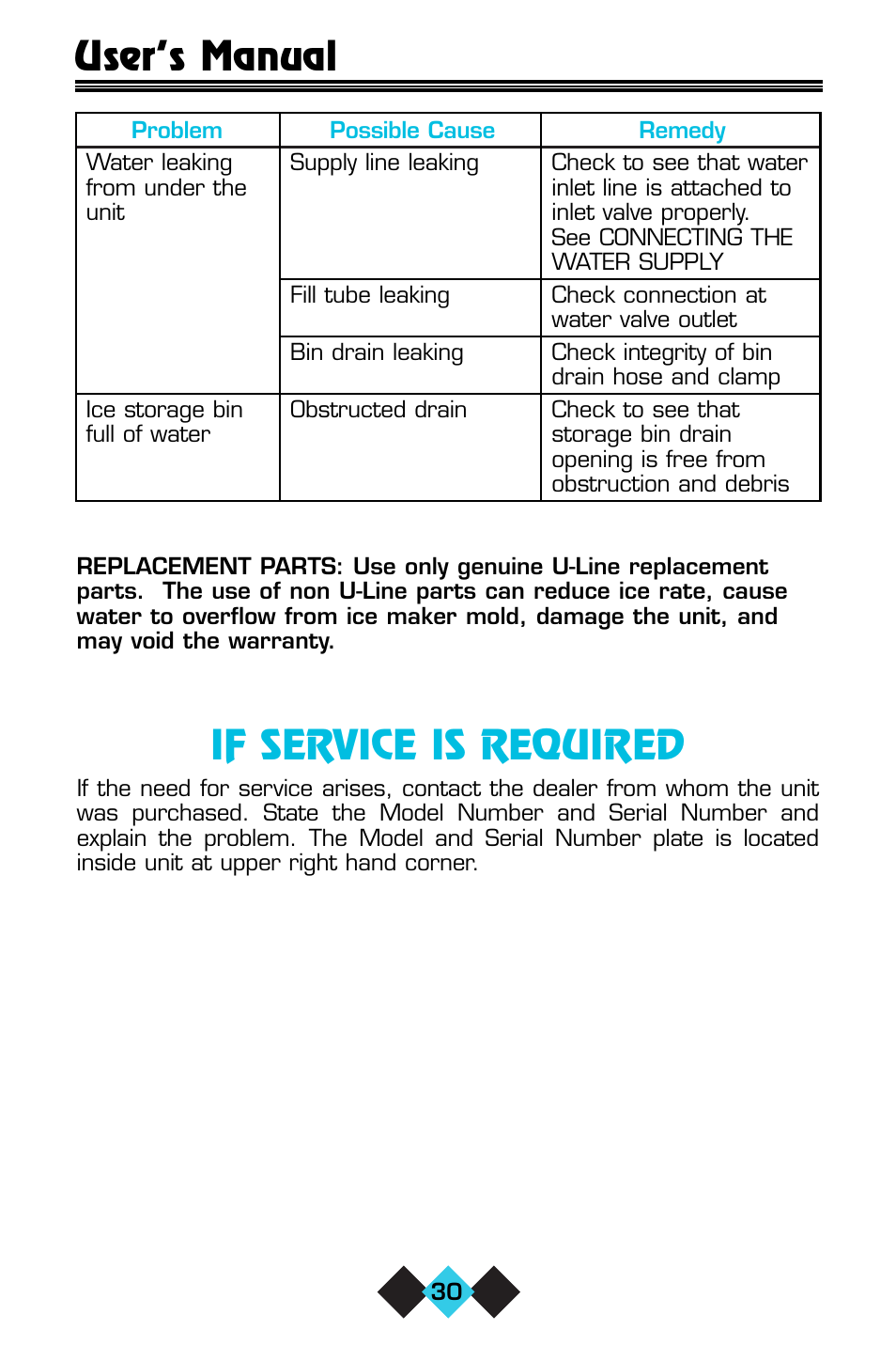 If service is required, User’s manual | U-Line CLR60 User Manual | Page 32 / 36
