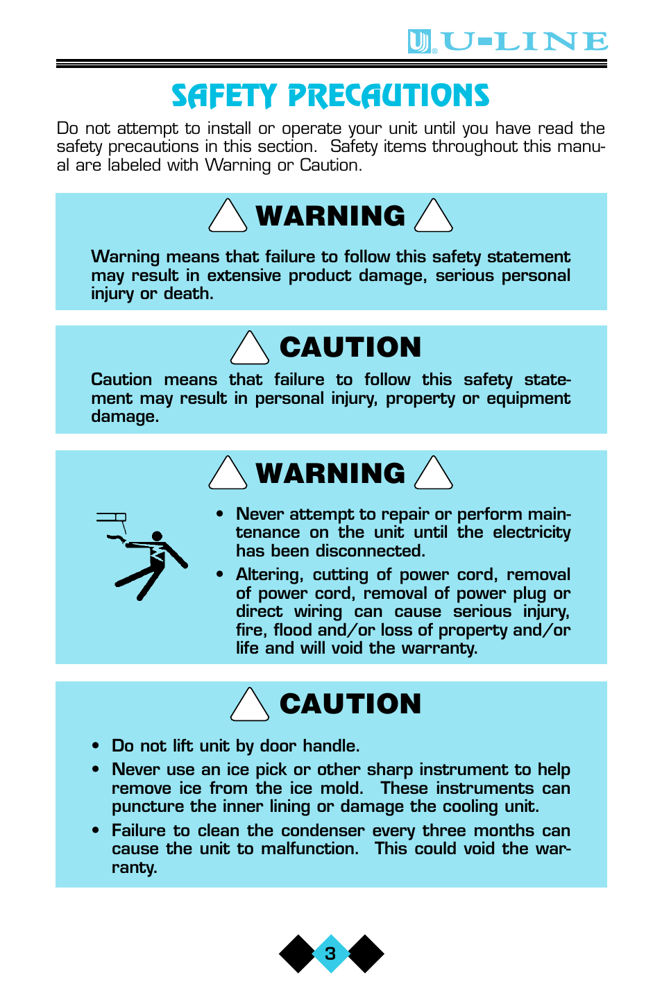 Safety precautions, Caution, Warning | U-Line CLR60 User Manual | Page 5 / 36